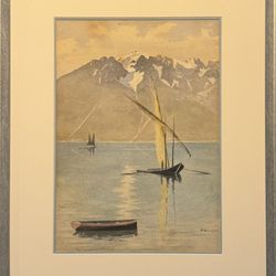 Artistic Picture Framing - A large, cream-colored outer mat is used to draw focus, followed by a thin blue inner mat that complements the cool tones of the mountains