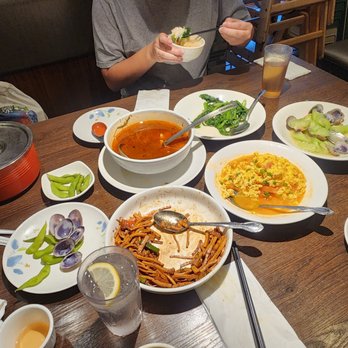 Red 99 Grill Bistro - Tea, edamame, rice, water boiled fish, egg & tomato, A Vegetable, stir fried pork & bamboo shoots, and loofah w/ clams - Shanghainese Near Me - Temple City, California Red 99 Grill Bistro - Tea, edamame, rice, water boiled fish, egg & tomato, A Vegetable, stir fried pork & bamboo shoots, and loofah w/ clams - Shanghainese Near Me - Temple City, California
