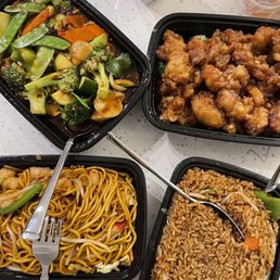 Veggies in garlic sauce, general guas chicken, veggie fried rice and house lo mein