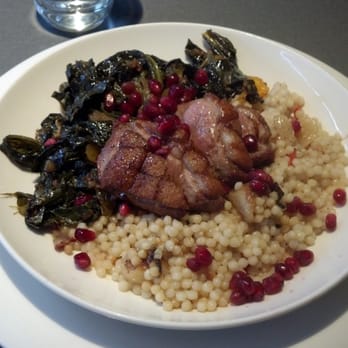 Hershey Grill - RW: Pomegranate Glazed Duck Breast -Israeli Cous Cous, Piquillo Peppers, Roasted Cipollini, Braised Apricot Collard Greens - American Near Me - Hershey, Pennsylvania