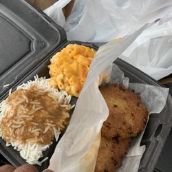 Salmon Croquettes w/rice (w. Gravy) and baked Mac and cheese.