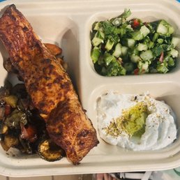 Salmon over sabich (grilled veg), tabouli, labneh