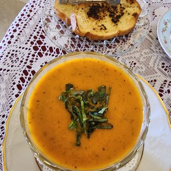 The Grand Tea Room - Tomato basil soup and garlic bread - Tea Rooms Near Me - Escondido, California The Grand Tea Room - Tomato basil soup and garlic bread - Tea Rooms Near Me - Escondido, California