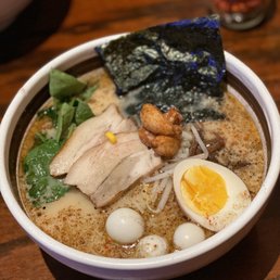 Photo of Ramen Dojo - San Mateo, CA, United States. Garlic Pork Dojo Ramen added quail egg