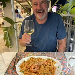 Isola del Pescatore - Pasta with prawns.  The couple that manage the tables are wonderful.  The chef comes out to greet you and check on food. We ate here twice.