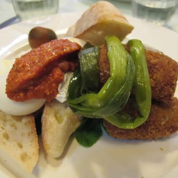 Hardware Societe - Special of the day, sweet corn chorizo croquete, poached eggs, nut capsicum sauce and bread. - Breakfast & Brunch Near Me - Melbourne, VIC