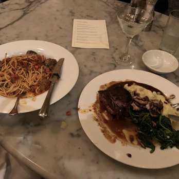 Gracie's - Spaghetti and meatballs (left) Filet Mignon (right) - New American Near Me - Portland, Oregon