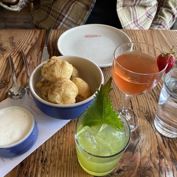Rich Table - Porcini doughnuts and drinks (top: honey I shrunk the kids, bottom: shisho vain) - New American Near Me - San Francisco, California Rich Table - Porcini doughnuts and drinks (top: honey I shrunk the kids, bottom: shisho vain) - New American Near Me - San Francisco, California