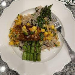 Sweet Moments Company - Coconut Cashew Crusted Mahi with rice pilaf, asparagus and mango pineapple salsa.