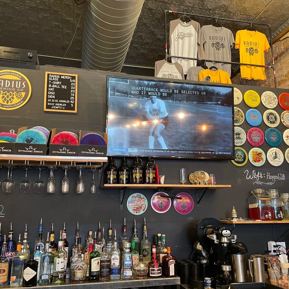 Radius Brewing Company - The bar decor with all its discs! And they sell them too! - Breweries Near Me - Emporia, Kansas Radius Brewing Company - The bar decor with all its discs! And they sell them too! - Breweries Near Me - Emporia, Kansas