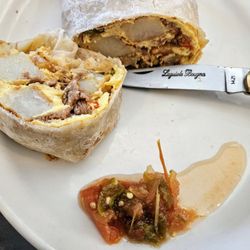 Tio's Cafe - Machaca Burrito interior; cooked watery House Salsa