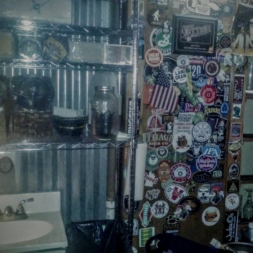 Stickers advertising the expansive beer choices here.