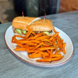 Agave Grill & Café - Juicy arrachera torta served with sweet potato fries -- a satisfying lunch favorite.