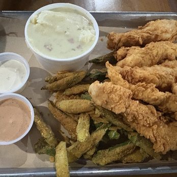 Dirk’s - chicken tender platter with fried okra and mashed potato's - Cocktail Bars Near Me - Lubbock, Texas