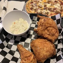 Lucky Penny - Broasted chicken w/cole slaw. Bbq pork pizza in the background
