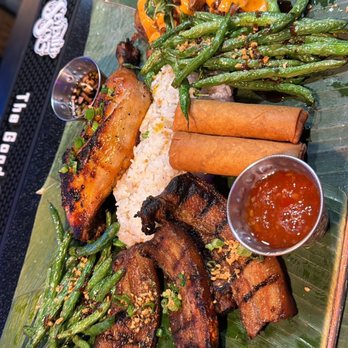 Bonifacio - Grilled Pork Belly, Lumpia, Chicken Inasal (Bone in), Fried Green Beans, and Garlic Rice - Filipino Near Me - Columbus, Ohio Bonifacio - Grilled Pork Belly, Lumpia, Chicken Inasal (Bone in), Fried Green Beans, and Garlic Rice - Filipino Near Me - Columbus, Ohio