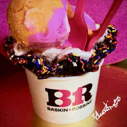 Baskin-Robbins - Sherbet and strawberry cheesecake in a chocolate sprinkle waffle bowl.