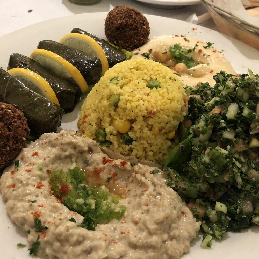 Cleopatra - Vegetarian plate: Baba ganuj, tabbouleh, hummus, couscous, falafel, dolma - Mediterranean Near Me - Harvey, Louisiana Cleopatra - Vegetarian plate: Baba ganuj, tabbouleh, hummus, couscous, falafel, dolma - Mediterranean Near Me - Harvey, Louisiana