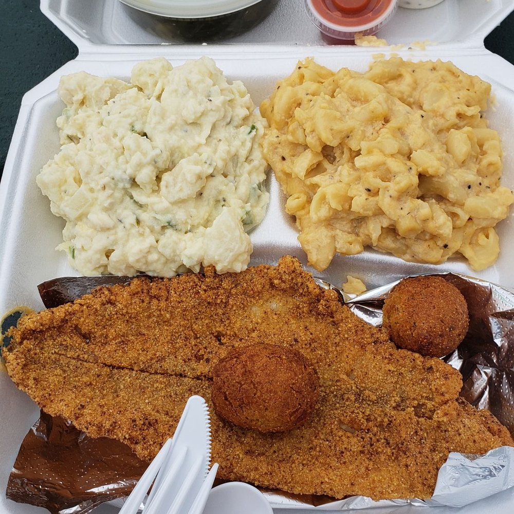 Fried catfish. Potato salad. Mac n cheese. Hush puppies. Fried catfish. Potato salad. Mac n cheese. Hush puppies.
