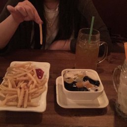 Fries, tofu hua grass jelly taroball, passion fruit tea