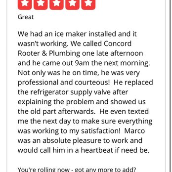 Concord Rooter and Plumbing - Customer review - Plumbing Near Me - Concord, California Concord Rooter and Plumbing - Customer review - Plumbing Near Me - Concord, California