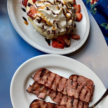 Brownstone Pancake Factory - Chocolate Covered Strawberry Pancakes with a side of turkey bacon - Breakfast & Brunch Near Me - Edgewater, New Jersey Brownstone Pancake Factory - Chocolate Covered Strawberry Pancakes with a side of turkey bacon - Breakfast & Brunch Near Me - Edgewater, New Jersey