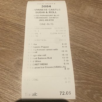 Japanese Castle Sushi & Roll - Paramount  - Overall price for a party of 3 - Sushi Bars Near Me - Paramount, California
