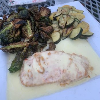 Fieldhouse Restaurant & Bar - Crab Stuffed Salmon, Brussel Sprouts, Mixed Veggies. - New American Near Me - Norco, California