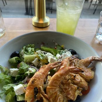 Ammatoli - Greek salad w/shrimp. Mint lemonade drink. - Mediterranean Near Me - Long Beach, California Ammatoli - Greek salad w/shrimp. Mint lemonade drink. - Mediterranean Near Me - Long Beach, California