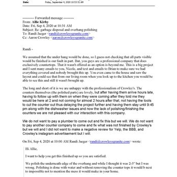 Crowley's Granite & Quartz - Email chain with Crowley's explaining why they can't fix the uneven and inconsistent polishing they did. - Countertop Installation Near Me - Tualatin, Oregon