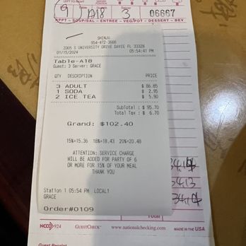 Shinju Buffet - Receipt - Japanese Near Me - Davie, Florida