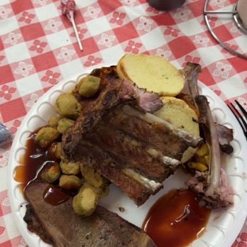 Delauders  BBQ - Two Meat Plate w Ribs and Brisket. Sides of Fried Okra and Fried Mac N Cheese - Barbeque Near Me - Sevierville, Tennessee