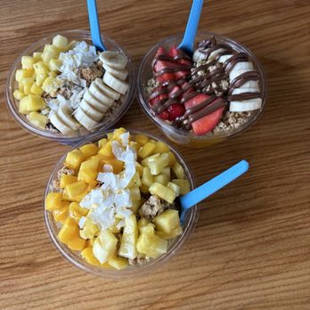 Playa Bowls - Bottom bowl is LoLa a delicious .Top left is Açaí tropical and top right is Goldie mango! - Juice Bars & Smoothies Near Me - Albany, New York