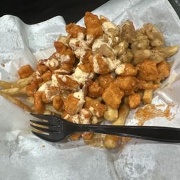 Buffalo fries, original hot flavor with extra chicken, lemon pepper Buffalo fries, original hot flavor with extra chicken, lemon pepper