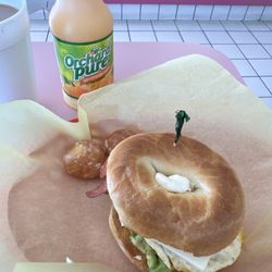 Excellent egg, sausage, avocado, jalapeño cheese bagel!!