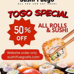 50% all sushi and rolls through online website ordering only