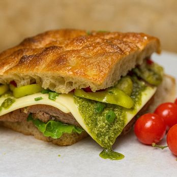Point Eat - Chicken Pesto. Grilled chicken, melted provolone cheese, fresh basil pesto, tomatoes, arugula, balsamic glaze - Sandwiches Near Me - Pasadena, California