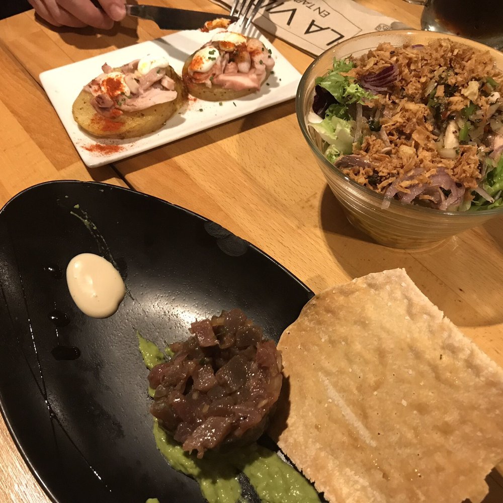 La Terraza - Tuna tatar, octopus with potatoes, salad with mackerel - Tapas Bars Near Me - Seville, SE La Terraza - Tuna tatar, octopus with potatoes, salad with mackerel - Tapas Bars Near Me - Seville, SE