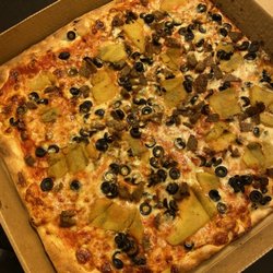 Salvatore's Pizza - Eggplant, Olive Meatball Thin crust square pie