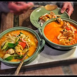 Nakorn Thai - Vegetable Yellow Curry and Chicken Red Curry dishes.