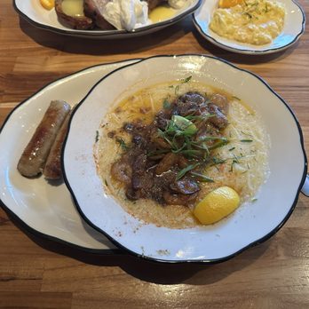 Hot Suppa - Shrimp and grits with a side of sausage links, and blueberry French toast with lemon curd and scrambled eggs - Breakfast & Brunch Near Me - Portland, Maine
