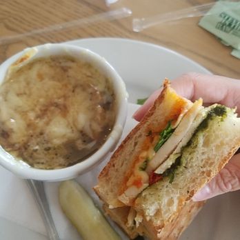 Gourmandise - Sandwich combo: chicken pesto panini and French onion soup - Patisserie/Cake Shop Near Me - Draper, Utah Gourmandise - Sandwich combo: chicken pesto panini and French onion soup - Patisserie/Cake Shop Near Me - Draper, Utah
