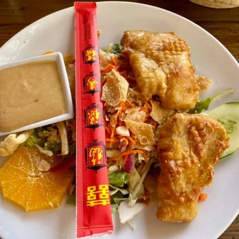 Sur at The Barnyard - Tempura Seabass over Asian Salad - New American Near Me - Carmel, California Sur at The Barnyard - Tempura Seabass over Asian Salad - New American Near Me - Carmel, California