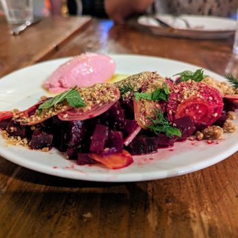 Mateo - Remolacha. $14. Beet goat cheese mousse, spring onion, citrus roasted beets, benne brittle. - Tapas Bars Near Me - Durham, North Carolina