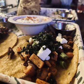 Mal Pan - 2 Tacos (sweet potato, feta, kale, shiitake pictured here) - Mexican Near Me - Charlotte, North Carolina Mal Pan - 2 Tacos (sweet potato, feta, kale, shiitake pictured here) - Mexican Near Me - Charlotte, North Carolina