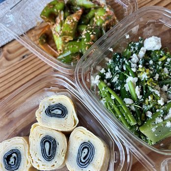 Perilla LA - Banchan including rolled egg, brocolini with broken tofu and italian sweet pepper muchim - Korean Near Me - Los Angeles, California Perilla LA - Banchan including rolled egg, brocolini with broken tofu and italian sweet pepper muchim - Korean Near Me - Los Angeles, California