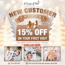Vernis Nail Lounge & Lashes - NEW CUSTOMER SPECIAL
Enjoy 15% OFF On Your First Visit
Valid until February 5th!
Don't forget! Show this post at checkout to