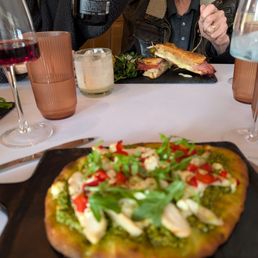 Chicken, pesto goat cheese flatbread