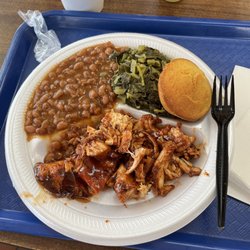 Nick's Crispy Chicken - Bar-b-que chicken, baked beans, and collard greens and corn bread. Great!