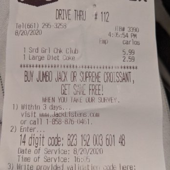 Jack in the Box - Receipt with the location code and date. - Fast Food Near Me - Valencia, California Jack in the Box - Receipt with the location code and date. - Fast Food Near Me - Valencia, California